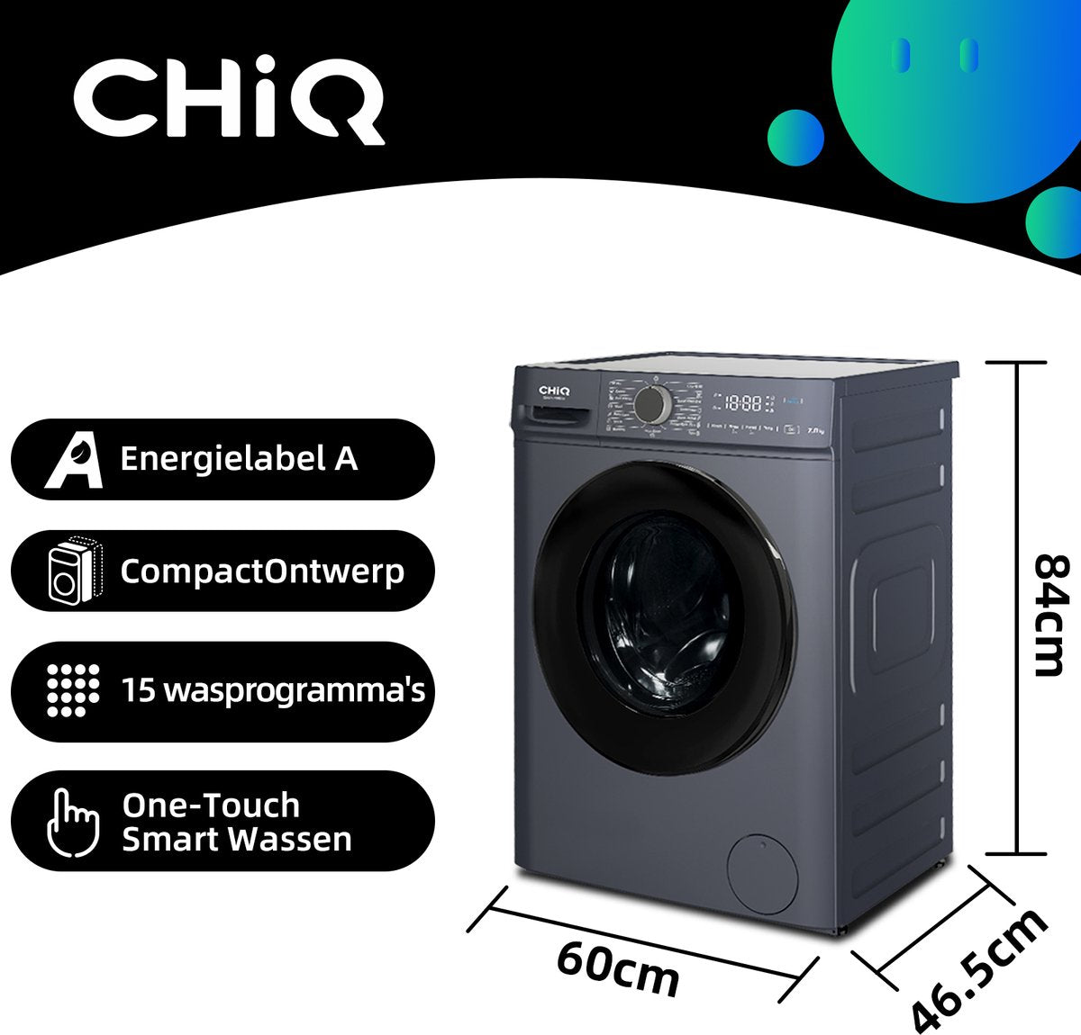 CHiQ CW07123863AX - Wasmachine - 7 KG - Space Pro - 16 programma's - AI Smart - Stoomwassen & Quick Wash - 12 jaar garantie op motor - Energieklasse A