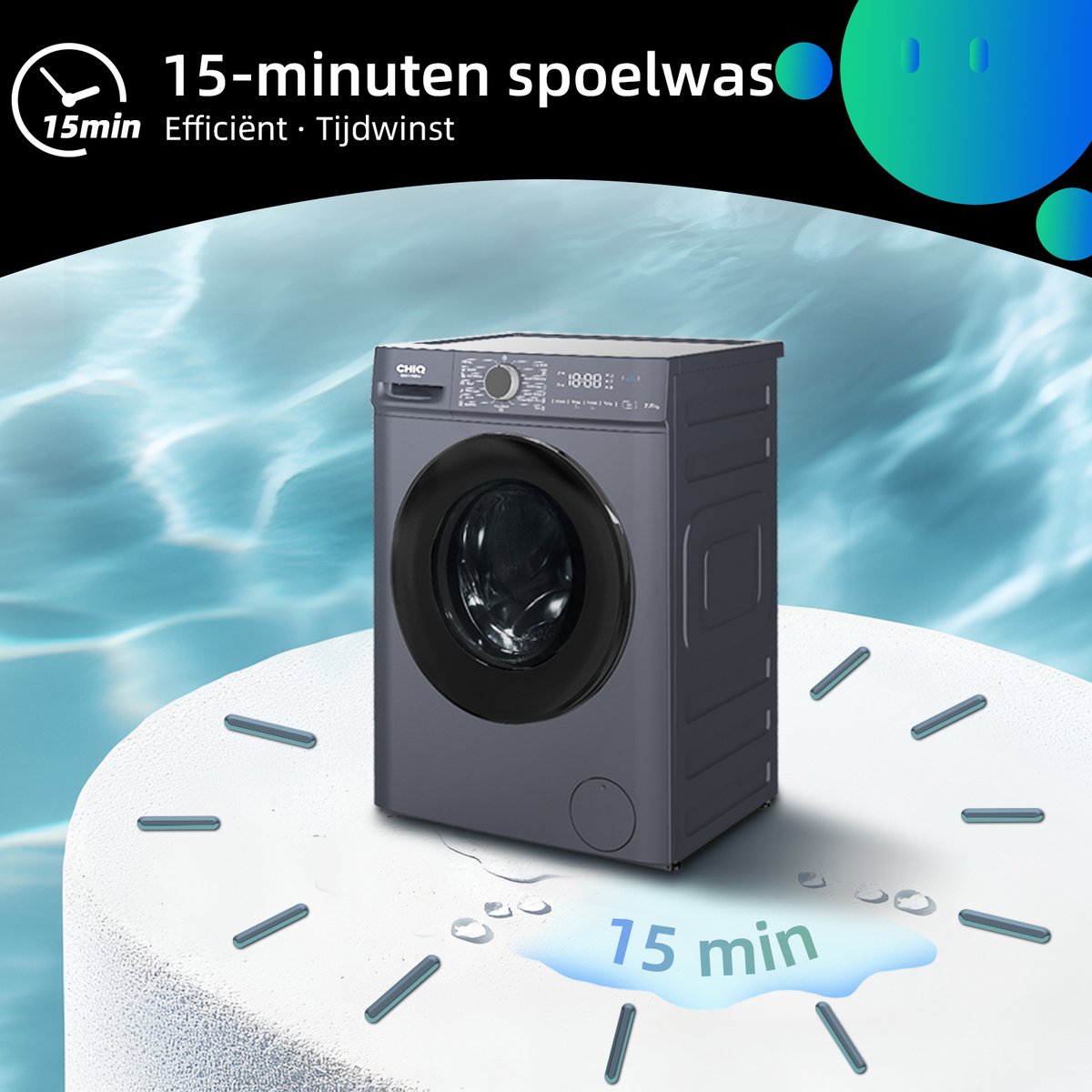 CHiQ CW07123863AX - Wasmachine - 7 KG - Space Pro - 16 programma's - AI Smart - Stoomwassen & Quick Wash - 12 jaar garantie op motor - Energieklasse A