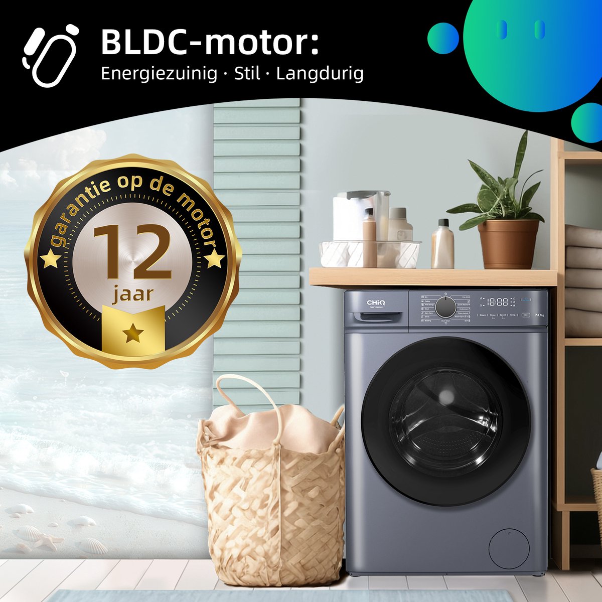 CHiQ CW07123863AX - Wasmachine - 7 KG - Space Pro - 16 programma's - AI Smart - Stoomwassen & Quick Wash - 12 jaar garantie op motor - Energieklasse A