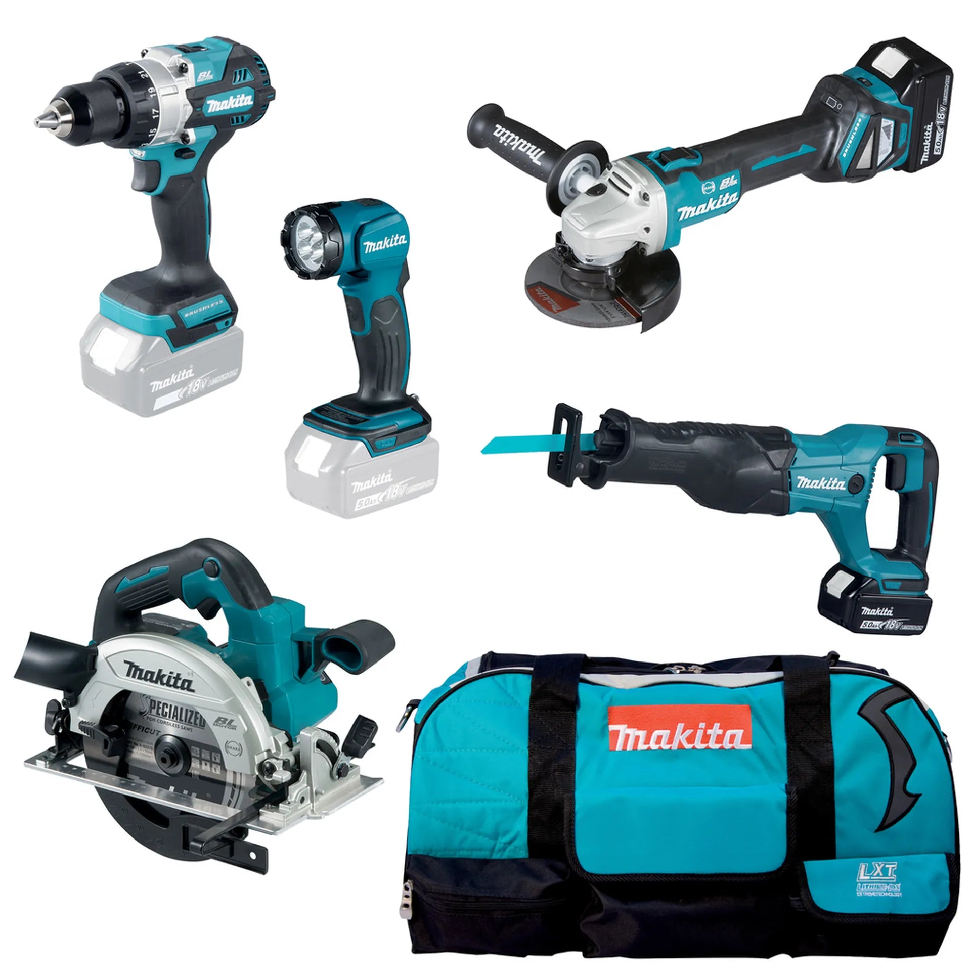 Makita 5-in 1 accu combiset, schroefboor, cirkelzaag, reciprozaag, haakse slijper, zaklamp 18 Volt 5 - Gereedschap