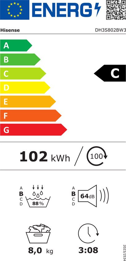 Hisense 3S Serie DH3S902BB3 - Zwarte Wasdroger met Energielabel C - Warmtepompdroger - 9kg - ConnectLife - Trommelverlichting - AutoDry - Quick Dry - Allergy Care - Wit