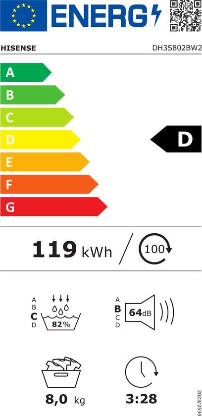 Hisense 3S Serie DH3S802BW2 - Wasdroger met Energielabel D - Warmtepompdroger - 8kg - ConnectLife - Trommelverlichting - AutoDry - Allergy Care