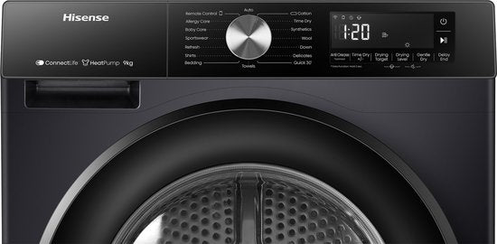 Hisense 3S Serie DH3S902BB3 - Zwarte Wasdroger met Energielabel C - Warmtepompdroger - 9kg - ConnectLife - Trommelverlichting - AutoDry - Quick Dry - Allergy Care