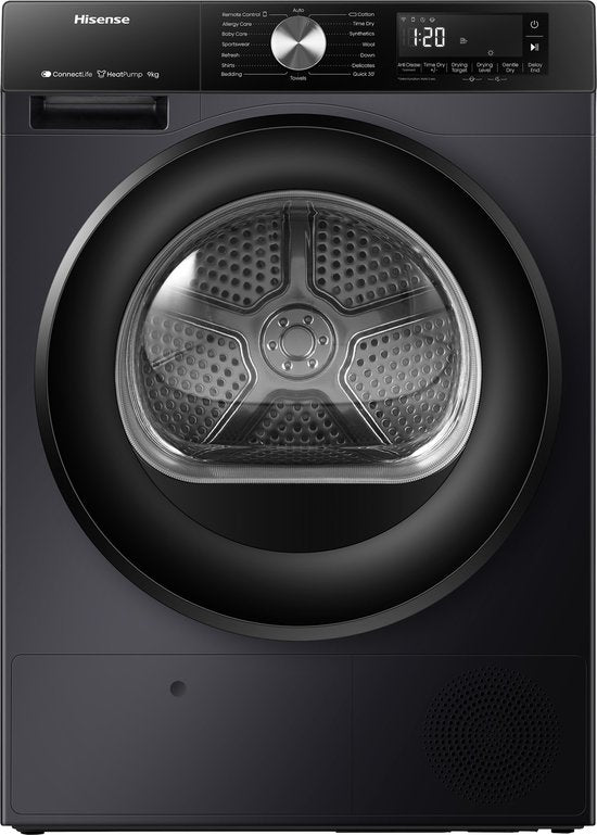 Hisense 3S Serie DH3S902BB3 - Zwarte Wasdroger met Energielabel C - Warmtepompdroger - 9kg - ConnectLife - Trommelverlichting - AutoDry - Quick Dry - Allergy Care